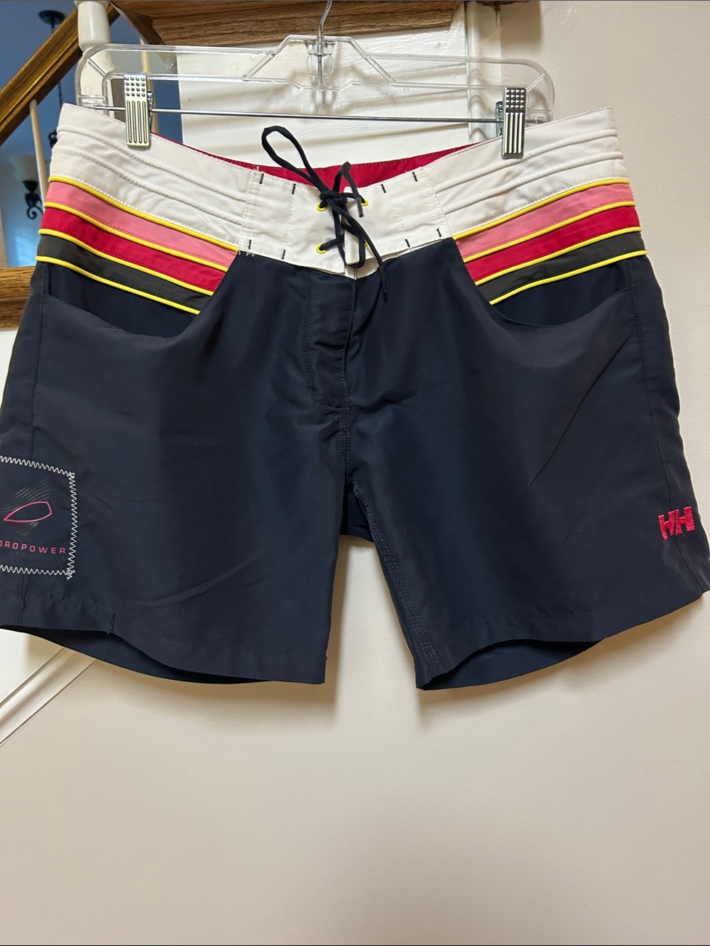 Helly Hansen Navy Swim Board Shorts with White Waist and Red & Yellow Stripes